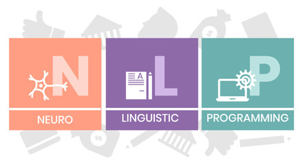 Naklejka premium Neuro-linguistic programming NLP vector illustration concept wit icons and keywords. Vector infographic illustration for presentations, sites, reports, banners