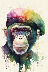 Chimpanzee wearing Beret, Psychedelic Illustration. Generative AI