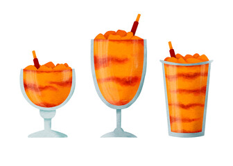 Mangonada, summer drink, freshness cocktail. Different glasses. Digital watercolor for menu, print