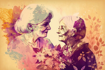 Illustrated of elderly lesbian couple, look each other, smiling, background is filled with vibrant spring flowers and heard shape, generative ai