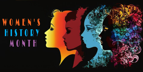 Women's history month | beautiful silhouette illustration of five women's head, each representing a different ethnicity. The silhouettes filled with vibrant colors. celebrating Women's month. Ai