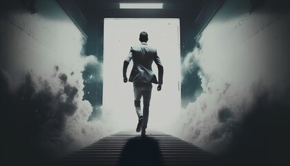 Determined and steadfast business person running through exploding obstacles. Perseverance mindset and reaching business goals motivation with unwavering focus. Generative AI