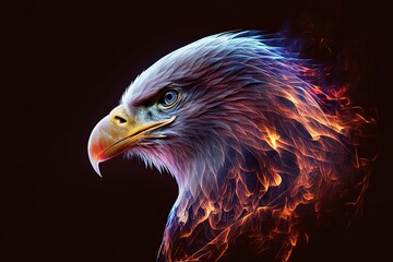 A bald eagle burning on fire of different colors. Concept: fierce of the USA Generative ai.	
