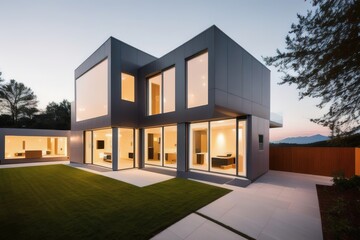 Modern stylish futuristic country house in beautiful evening lights. Beautiful landscape, lawn grass. Generative AI.