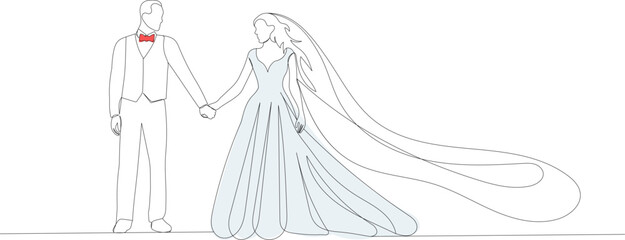 bride and groom line drawing on white background isolated, vector