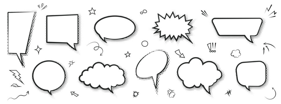 Cartoon empty retro comic style speech bubbles set with black halftone shadows. Hand drawn pop art, vintage speech clouds, thinking bubbles, and conversation text elements. Vector illustration