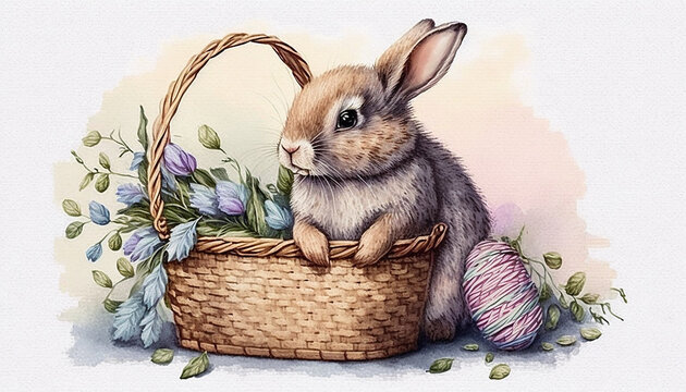 simpatico coniglietto pasquale stilizzato  che si affaccia da un cestino di vimini, ricco di colorate uova di pasqua in toni pastello, biglietto augurale, intelligenza artificiale 