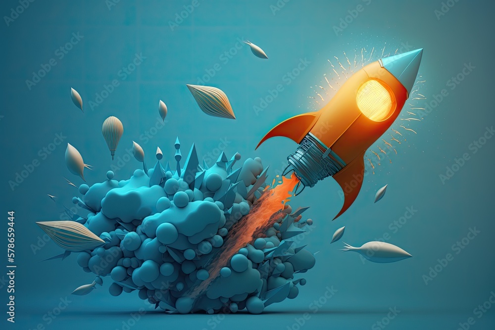 Poster concept of original thought and new ideas. blue background with a rocket flying. generative ai
