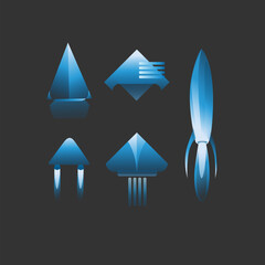 Vector image, a set of icons and symbols, aircraft and spaceships are gradient on a black background