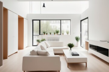 Naklejka na ściany i meble Modern stylish Scandinavian living space design in a minimalist interior. Soft light colors. Generative AI.