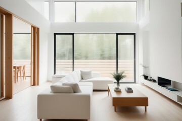 Fototapeta na wymiar Modern stylish Scandinavian living space design in a minimalist interior. Soft light colors. Generative AI.