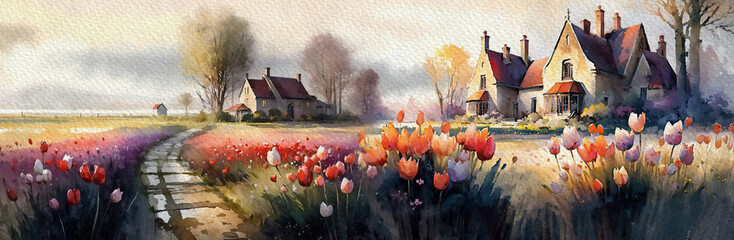 Watercolor paintings landscape, tulip valley