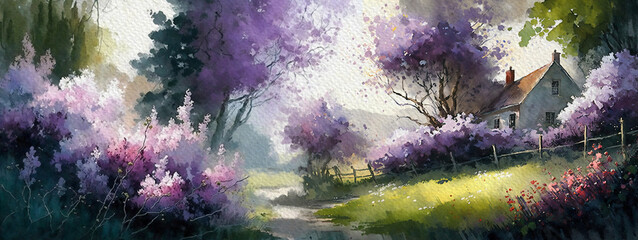 Watercolor paintings spring landscape with house and trees. Beautiful lilac flowers in the garden, watercolor lilac, artwork, fine art