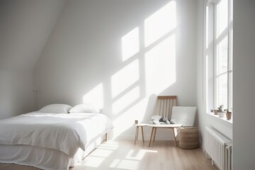 Modern stylish Scandinavian living space design in a minimalist interior. Soft light colors. Generative AI.