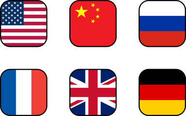 Set of Soft Square Flag Collection of USA United States of America, People's Republic of China, Russia, United Kingdom UK Great Britain, France and Germany with Contour Outline. Vector Image.