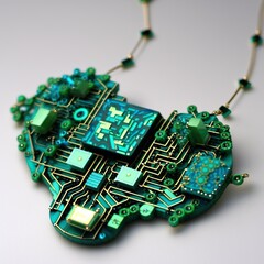A necklace made of blue and green circuit board pieces woven together, concept of Upcycling and Reuse, created with Generative AI technology