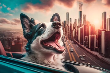 glücklicher Hund schaut aus dem Fenster eines Cabrios, Skyline einer Großstadt im Hintergrund, bunte Farben, große Autobahn, Illustration - obrazy, fototapety, plakaty