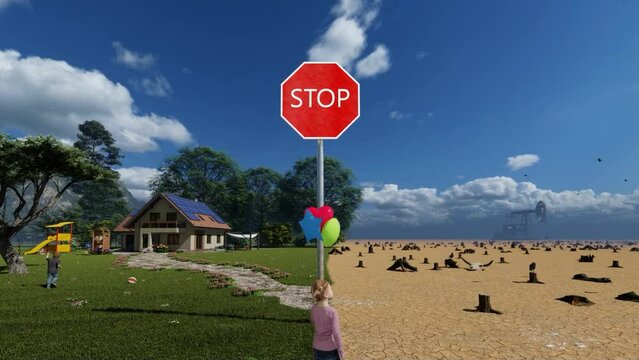 3D animation girl with colorful balloons in front of a stop sign, climate change concept, tilt