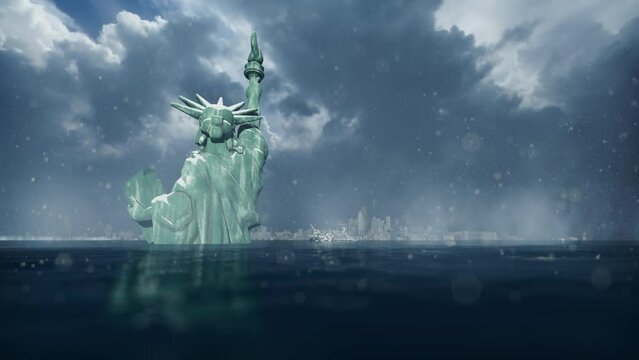 3D animation of flooded Liberty Statue and New York skyline in a snow storm