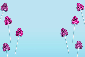 Design template with lollipops on sticks. Sweet delicious candy on light blue background