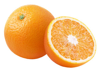 Orange citrus fruit with half isolated on transparent background