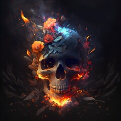 skull fire flowers darkness