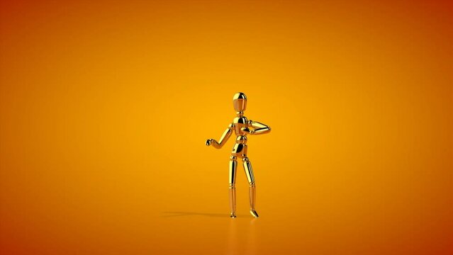 Funny golden mannequin doing mambo side step dance, seamless loop, Luma Matte attached