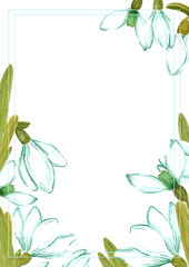 Hand drawn watercolor snowdrop flowers bouquet. Isolated on white background. Scrapbook, post card, banner, lable, poster.