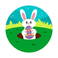 Happy Easter. Colorful patterned easter egg and easter bunny on a white background. Spring holiday.