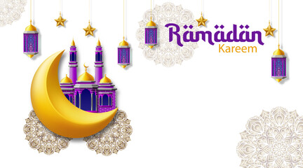 Ramadan kareem. Crescent moon ornament, mosque, lantern and floral mandala isolated on white background. Ramadan Kareem greeting card. Islamic celebration background. vector illustration