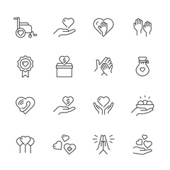 Charity Vector Icons Pack - Donate, Volunteer, Giving, and More. Trendy and timeless thin line vector line icons with editable strokes.