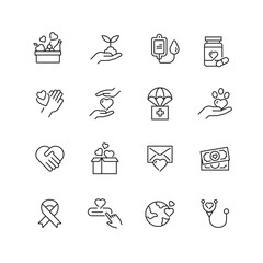 Charity Vector Icons Pack - Donate, Volunteer, Giving, and More. Trendy and timeless thin line vector line icons with editable strokes.