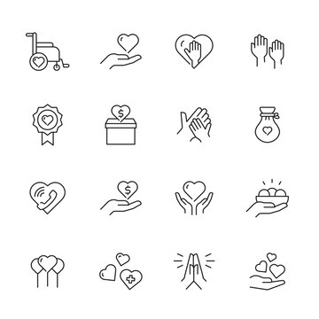 Charity Vector Icons Pack - Donate, Volunteer, Giving, And More. Trendy And Timeless Thin Line Vector Line Icons With Editable Strokes.