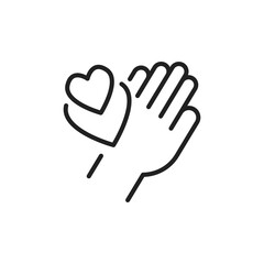 Helping hand icon. Hand holding heart vector line icon.