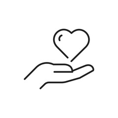 Charity vector icon, Helping hands, hands and heart icon, hand holding heart, vector line icon.