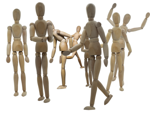 Crowd scene made up of various wooden jointed figures