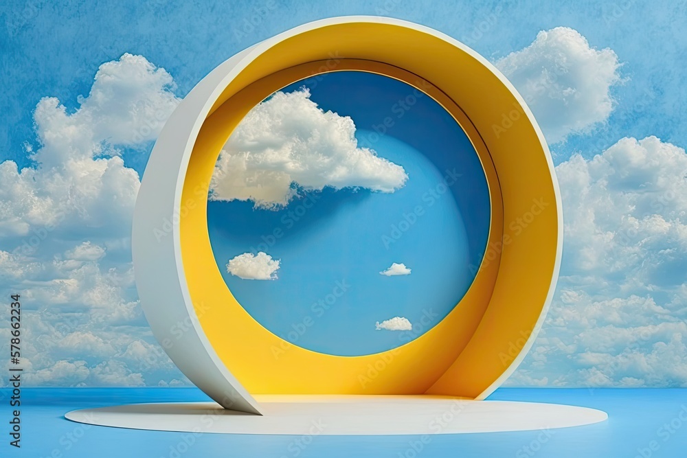 Poster a blue sky abstract background with a yellow wall and a window. there are white clouds in the empty 