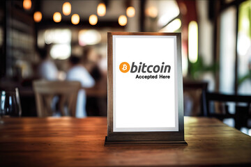Text "Bitcoin Accepted Here" on white poster, banner, stand mockup or menu frame card in cafe, restaurant or shop.