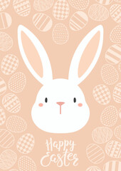 Easter bunny, cute rabbit face, lettering quote Happy Easter on decorative background with painted eggs. Vector illustration. Flat style design. Concept for holiday card, banner, poster, decor element