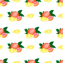 Hand drawn watercolor grapefruit orange and lemon with green leaves seamless pattern on white background. Scrapbook, post card, textile, fabric.
