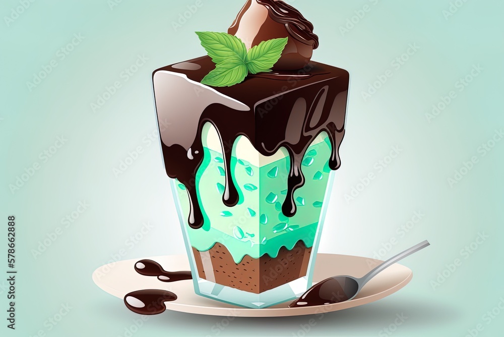 Poster a smooth surface serves as the backdrop for a vertical view of a chocolate mint parfait in a glass. 