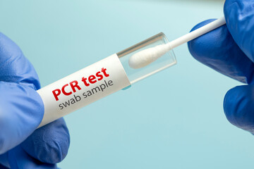 Covid test laboratory procedure. Antigen rapid, antibody, PCR, PCR-LAMP test in laboratory conditions against a blue background