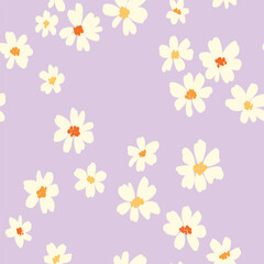 Seamless floral pattern, trendy ditsy print with cute white chamomiles. Spring botanical design: pretty hand drawn flowers buds in an abstract arrangement on a lilac background. Vector illustration.
