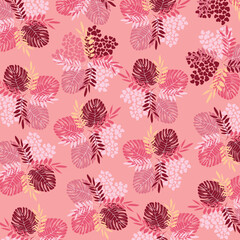 Seamless pattern with pink flowers and leaves on a pink background