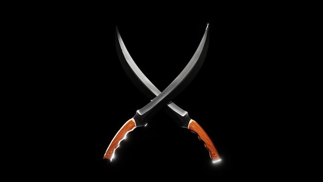 Knives crossed on a black background caustic glitters. Seamless loop presentation. 4K animation.