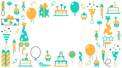 Event service background with text space. Horizontal Birthday party carnival festival celebration banner with fun color flat line abstract elements cake balloons hat muffin candy vector illustration.