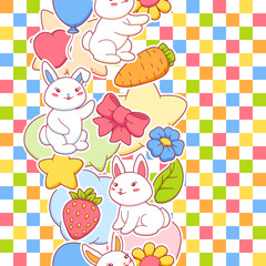 Obraz premium Seamless pattern with cute kawaii little bunnies. Funny characters and decorations in cartoon style.