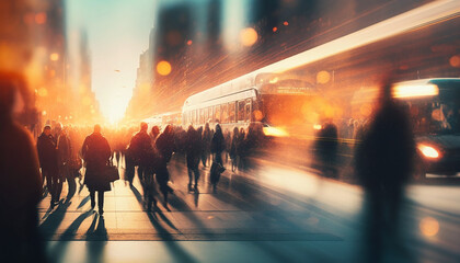 City rush hour with people and bokeh light blur background created with Generative AI
