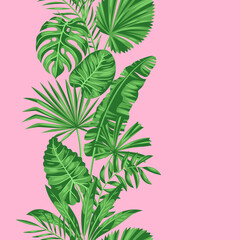 Seamless pattern with stylized palm leaves. Image of tropical foliage and plants.