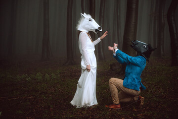 Funny wedding. Horse masks. Horse heads. April Fool's joke. 